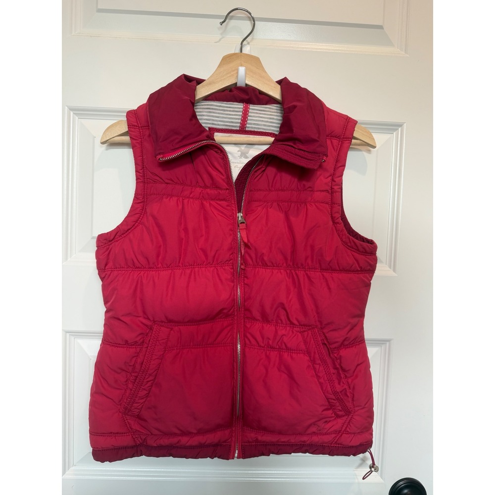 Y2K American Eagle Outfitters Womens Red Puffer Vest Zip Up Striped Lining Small